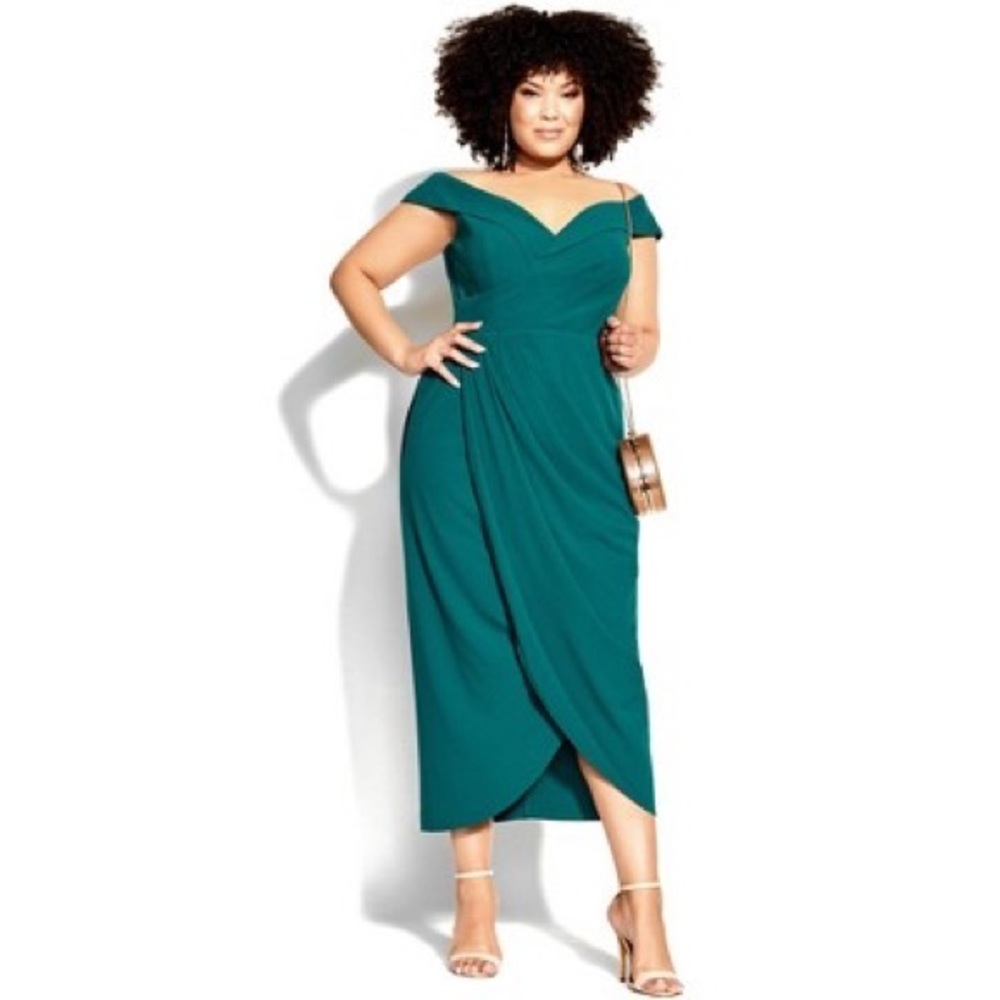 City Chic Teal Off-Shoulder Wrap Midi Dress